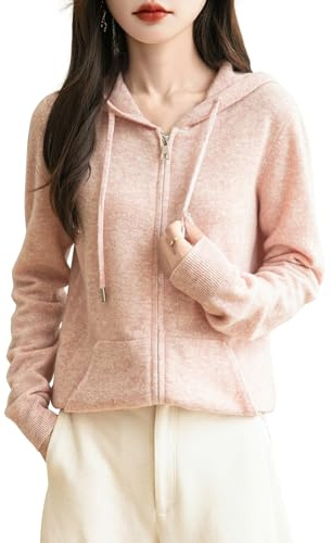 Chanyarn Women's 100% Merino Wool Zip Up Hoodies 2025 Fall Winter Warm Long Sleeve Knit Sweatshirt Cardigan with Pocket (Pink,L)