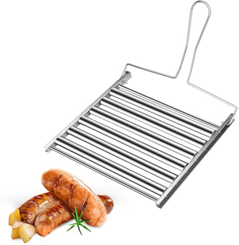 LELE LIFE Hot Dog Roller for Grill, Large 24 x 20.5 cm Evenly Cook Hotdog Roller Stainless Steel Sausage Corn Roller Rack with Foldable Handle for BBQ Outdoor Camping