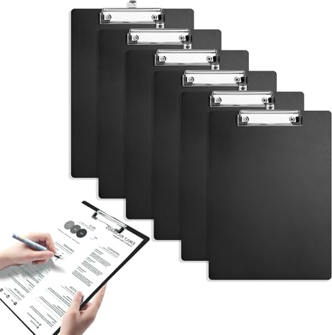 Set med 6 A4-anteckningsblock, för studenter och kontor, med infällbart upphängningsspänne, clipboard med metallklämma för anteckningar, svart (31,2 x 22,3 cm)