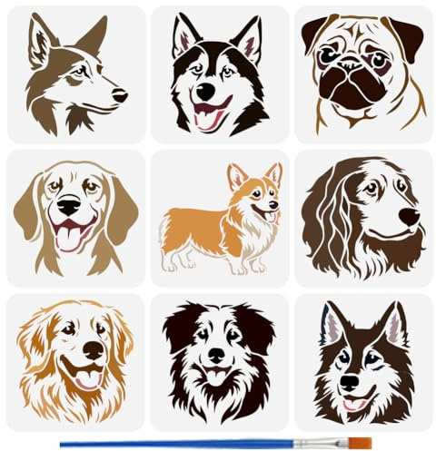 FINGERINSPIRE 9 plantillas para perros con 1 pincel de pintura de plástico de 20 x 20 cm, plantillas de dibujo de perros y mascotas, 9 estilos de decoración, plantillas para pintar sobre madera