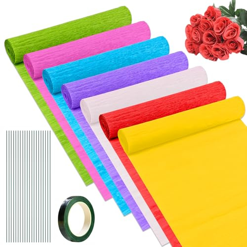 6 Rotoli di Carta Crespa Colorata, 25 x 250cm Fiori di Carta Crespa Decorativa Fai Da Te, Crepe Paper con 20 Fili Metallici Verdi e 1 Rotolo di Nastro Adesivo, per San Valentino, Matrimoni, Festa