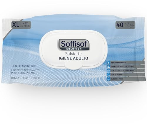 Soffisof Toallitas Húmedas Adultos XL 20x30 cm - 40x Toallitas Higiene Corporal Adultos Sin Aclarado - Toallitas Húmedas Grandes para Personas Mayores y Pieles Sensibles - Con Tapa Conserva-Frescura
