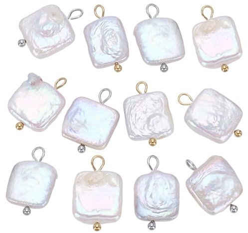 NBEADS 12 pz di Ciondoli di Perle D'Acqua Dolce In 2 colori, Ciondoli di Perle Quadrate con 304 anello In Acciaio Inossidabile per La Creazione di Gioielli Collane Bracciali Regali Fai Da Te, Bianco