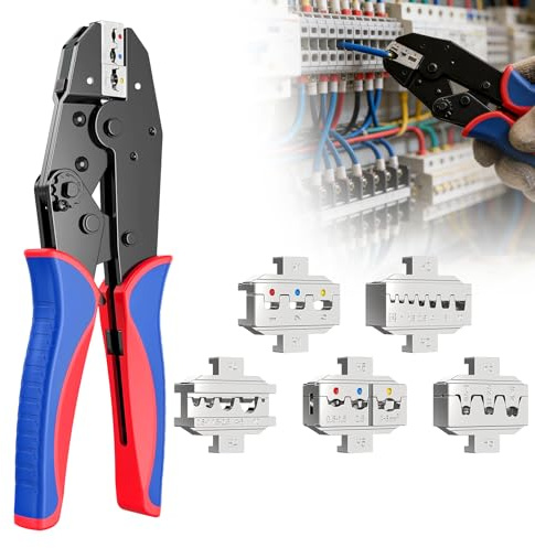 wowspeed Crimpzange Set, Ratschen Crimpzangen mit 5 Wechselbacken, 0,25-10 mm² Krimpzangenset für Aderendhülsen, Kabelschuhe & Schrumpfverbinder, Krimpzange, Crimp Zange für Elektriker & DIY