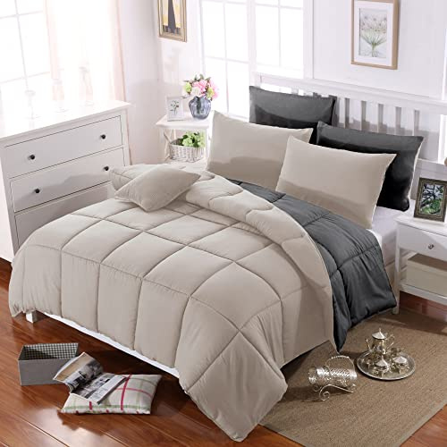 MOHAP Couette Bicolore 4 Saisons Couette d'été Légère 450g/m² 220x240cm Hypoallergénique Beige + Gris Couette de Lit Réversible 2 Personnes Edredon