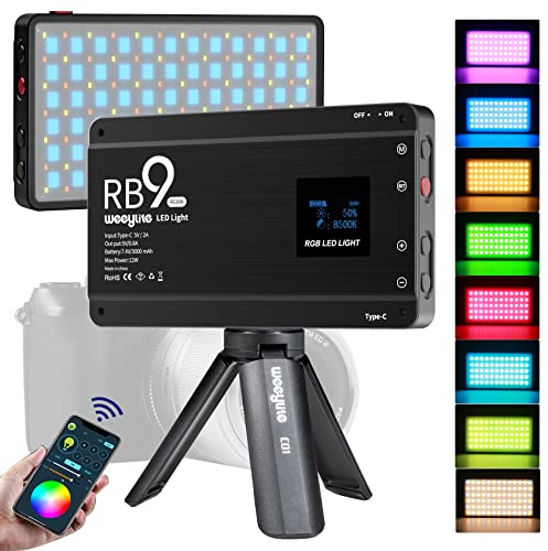 Weeylite RB9 RGB kamera, videoljus, appkontroll 12 W LED på kameraljus med stativ, 2500–8500 K, 360° fullfärg-CRI 95+, RGB-video-ljuspanel för bärbar fotografering, belysning, videoinspelning