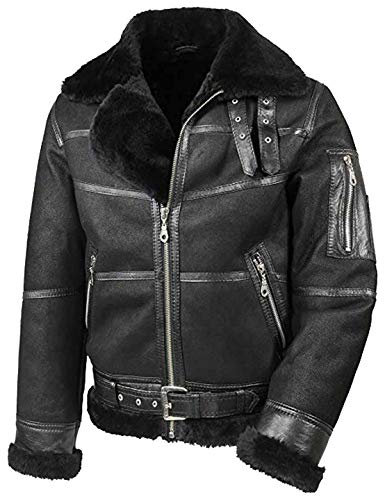 EU Fashions Herren Winter B3 Bomberjacke aus Lammfell im Used-Look Gr. L, Bomberjacke aus echtem Leder, Schwarz / B3