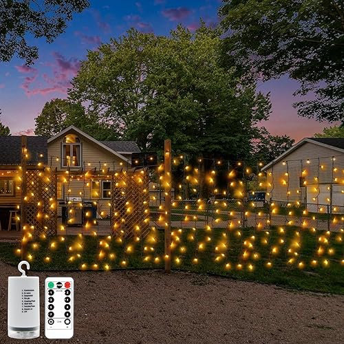 CCILAND Christmas Curtain Lights Battery Operated, 4M x 1M 200 LED Warm White Curtain Lights Outdoor Green Wire Waterfall String Lights with Remote for Garden Fence Wedding Party Decor
