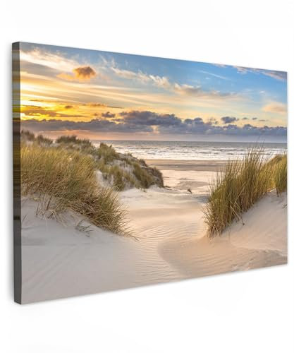 MuchoWow© Impression sur Toile Decoration Murale Peinture 60x40 cm Tableaux Decoratifs Muraux Déco Chambre Tableau Salon Plage - Dune - Herbe - Coucher de soleil - Mer