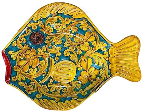 Vassoio Piatto da Portata Forma Pesce in Ceramica Caltagirone, Decoro Barocco - con Due opzioni Dimensione (1Unità) - Misura Grande
