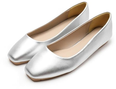Rojeam Womens Flats Shoes Fold Up Pumps Ballet Flat Slip-on Ballerina Pumps Shoes Loafers Ladies Roll Up Shoes (Matte Silver, Size 2.5)