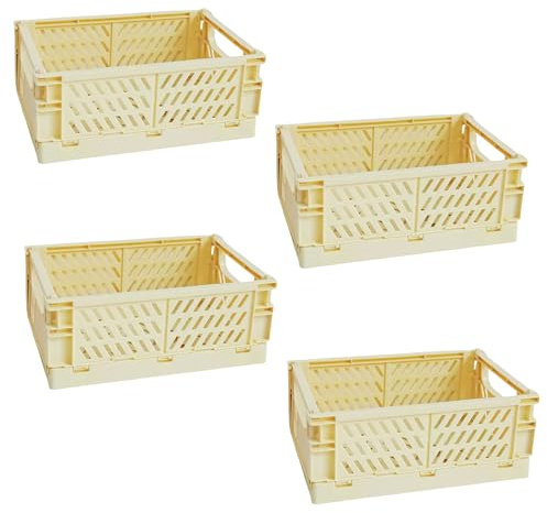 EURXLQ 4 Cestino Portaoggetti Pieghevole, Impilabile Cassette in Plastica, Cassetta Pieghevole per La Cucina, Bagno, Ufficio (Giallo, 25x16x10cm)