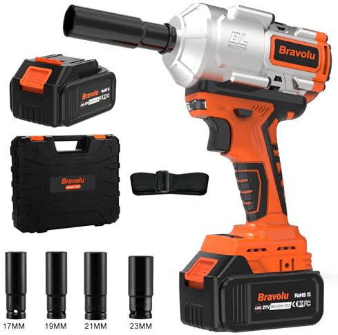 Bravolu Llave de Impacto, 21V Brushless Pistola de Impacto Bateria, 1000Nm Atornillador Impacto con 4,0 Ah Batería, 1/2 pulgada, con 4 tomas de impacto