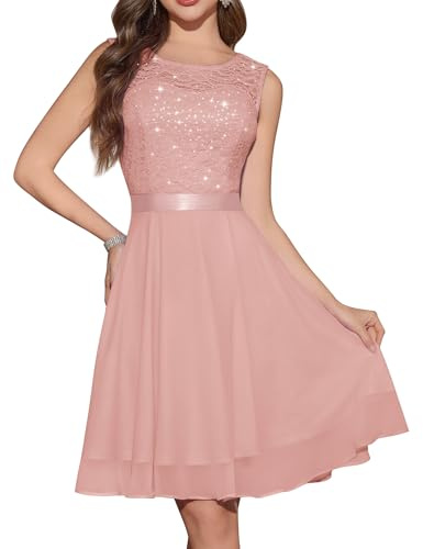 Berylove cocktailklänning dam aftonklänningar elegant för bröllop klänning bröllopsgäst chiffong ärmlös spetsklänning, Glitter-blush, XL