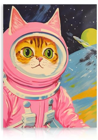 Lustige Katze Astronaut Poster Katze im Weltraum Leinwand Bild niedlich rosa Wandkunst bunte Wand Kunst für Schlafzimmer 30×40 cm Ungerahmt