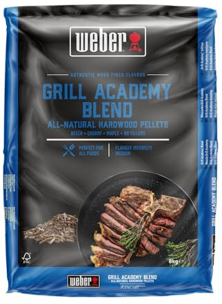 Weber Grill Academy - Mezcla de pellets de Madera Dura/Haya Natural, Cereza y Arce para barbacoas de pellets con Sabor Suave, Salado, Dulce, sin Rellenos, Ideal para cocción Baja y Lenta, Bolsa de 8