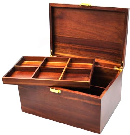 Large Wooden Storage Box with Hinged Lid, Acacia Wood with Adjustable Tray, Wood Keepsake Chest, Perfect for Storing Souvenirs, Jewelry, Tools, Small Accessories, etc, 12 x 8.5 x 6.3, Vintage