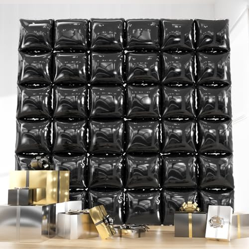 36pcs Black Square Foil Balloons Backdrop Kit - 9.5 x 9.5ft Black Balloon Wall/Tunnel for Birthday Photo Booth, Class of 2025 Graduation, Halloween, NYE Decor (Straws & Ribbon Included)