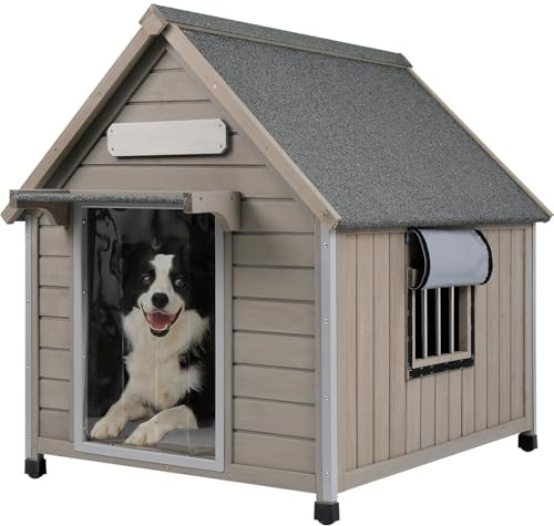 Ketive Outdoor Dog House Weatherproof, casa para Perros Wooden Medium-Large Breed with Anti-Chewing Iron Frame, Ventilated Window, Easy Clean and Assemble, 30.5 L x 37.4 W x39 H