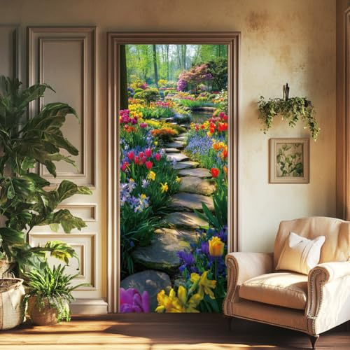 arricraft 2 calcomanías autoadhesivas para puerta, 31.5 x 78.7 pulgadas, camino de jardín, bosque verde, patrón de flores, murales de puerta, calcomanías de PVC para puertas, papel pintado extraíble