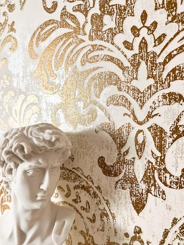 Newroom Carta da Parati Tessuto Non Tessuto Bianco Oro Barocco Ornamento - Eleganza Vintage Classica Carta Parati Decorativa per Soggiorno Camera da Letto