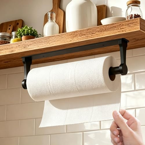 NONETO Black Metal Kitchen Roll Holder Under Cabinet | FreeStanding Kitchen Roll Holder Wall Mounted, Self Adhesive Paper Towel Holder for Bathroom and Living Room, Heavy Duty