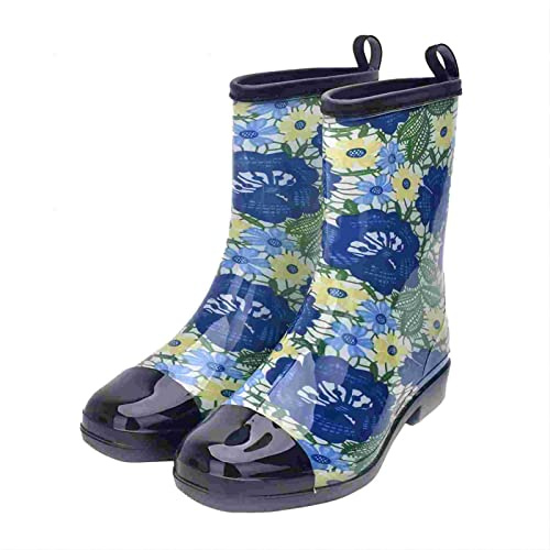 Kontai Women Half Calf Rubber Rainboots Leopard gerbera Red Floral Printed Waterproof Rubber Garden rain footwear size 7
