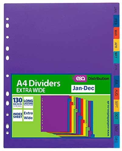 A4 File Dividers Plastic Coloured Tabs Subject Filing Numbered A-Z Extra Wide (A4 Jan-Dec Extra Wide Dividers)