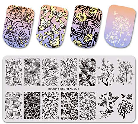 Beautybigbang Nagel Stamping Schablone Nail Art Plate Maniküre Floral Blumen Blätter Rose Schmetterling XL-022
