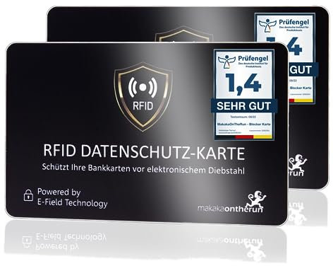 MakakaOnTheRun 2X RFID Blocker Karte (3fach geprüft: DEKRA + EMV + HF Labor) - 360° Schutzkarte für Geldbörse - NFC Blocker Karte - Schutzkarte gegen Datenklau - RFID Blocker Card