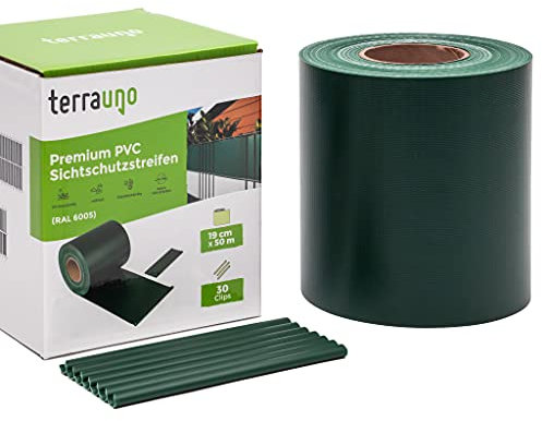 TerraUno - Premium Sichtschutzstreifen für Doppelstabmattenzaun - Gartenzaun I 50mx19cm inkl. 30 Clips I Grün I PVC Sichtschutz für den Zaun