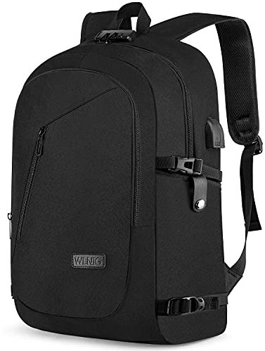 Großer 43,9 cm (17,3 Zoll) Reise-Laptop-Rucksack, wasserabweisend, Diebstahlschutz, Computer-Arbeitstasche mit USB-Ladeanschluss, Schloss, für Damen und Herren, Schwarz