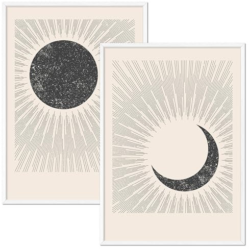 JUNOMI® Sonne und Mond Poster DIN A2, Boho Deko, Minimalistisch, Yoga Zubehör, perfekte Yoga Geschenkidee | mit Rahmen Weiß
