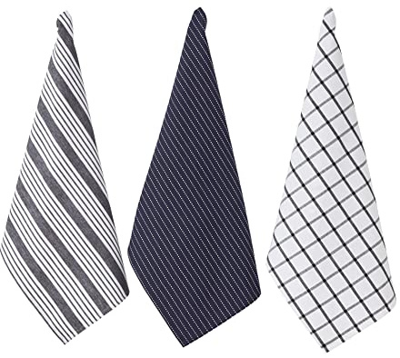 Penguin Home Set of 3 100% Cotton Kitchen Towels, Eco Friendly Sustainable Tea Towels Stylish with Different Pattern, Size - 50x70 cm Colour - White & Charcoal Dish Towels