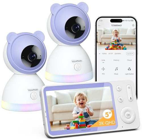 YESIMOM 2K Baby Monitor Video e Audio, Telecamera Bambini Supporto Controllo Tramite Cellulare APP & 5 Monitor, Videocamera Neonato con Luce Notturna, 360° PTZ, Allarmi Pianto e Movimento（8TM-2PZ
