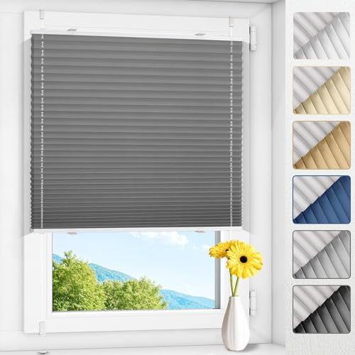 Allesin Plissee ohne Bohren Verdunkelung Klemmfix, Thermo Plisseerollo Grau 90x130cm(BxH), Verdunklungsplissee 100% verdunkelnd & lichtundurchlässig für Fenster & Tür, Sichtschutz & Sonnenschutz