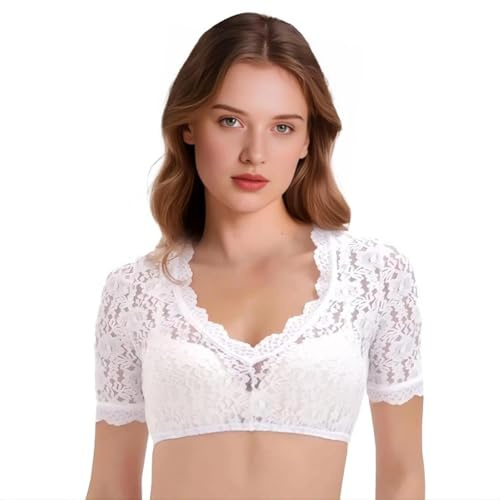 LGZIN Dirndl Camicetta da Donna, Dirndl Bianco a Maniche Corte, Dirndl Camicetta Tradizionale in Pizzo con Scollo a V, Dirn-DL Bianca Tops Blusa per Costume Tradizionale Bavarese Oktoberfest