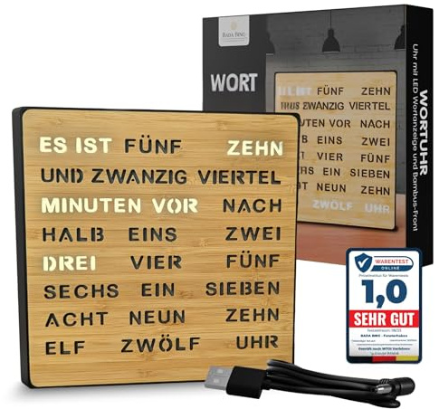 Bada Bing LED Wortuhr Bambus mit Deutscher Wort Anzeige - edle Tischuhr 3 stufig dimmbar USB Kabel - Wanduhr modern hochwertig lautlos zum Aufstellen/Aufhängen - Deko Geschenk Männer Geburtstag Büro