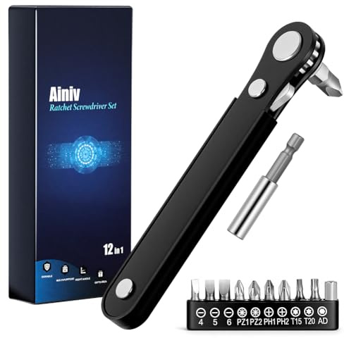 Ainiv 12PCS Mini Ratchet Wrench, 15-Tooth Right Angle Magnetic Screwdriver | Mini Ratchet Set for Tight Spaces | 1/4 Reversible Small Ratcheting Wrench with 1 Extension Rod and 10 Screwdriver Bits