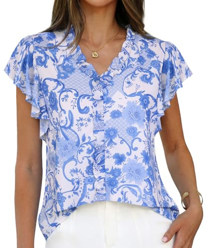 GRACE KARIN Blusa de verano de manga corta con volantes para mujer, estilo casual, holgada, floral, estilo bohemio, elegante, L