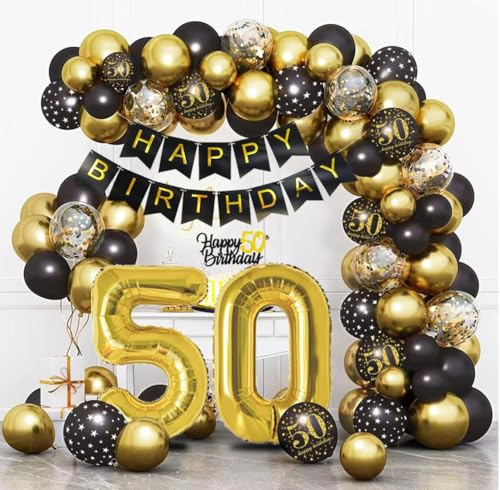 Ballong 50. Födelsedag svart guld, dekoration 50. Födelsedag, ballong 50, bågballonger svart guld, födelsedagsdekoration för 50 år man kvinnor