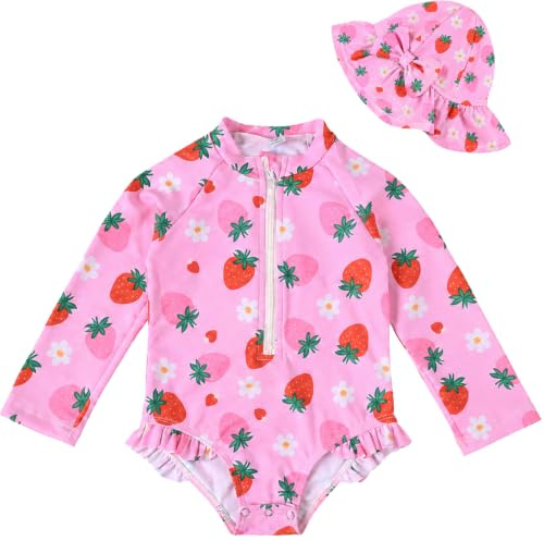 Traje de Baño para Niñas Pequeñas, Bañador con Gorro para el Sol y Manga Larga, Protección UPF 50+, con Cremallera, para Niñas de 3 a 36 Meses, Ideal para la Playa y la Piscina