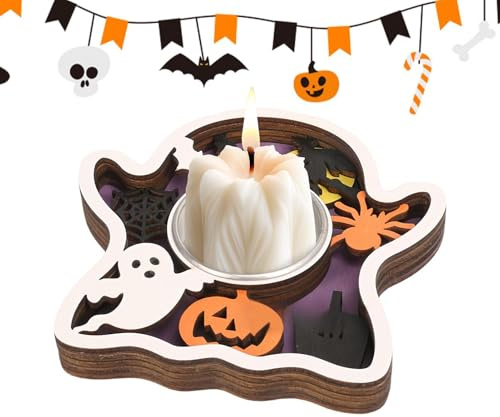 Porta Tea Light per la Festa di Halloween | Legno Spettrale | Portatealight con e | per Soggiorno, Piano Tavolo, Scaffale, Credenza, Pranzo, Ufficio Domestico, Festa