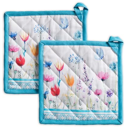Maison d' Hermine Lot de 2 maniques 100% Coton résistant à la Chaleur, 20 cm x 20 cm, avec Une poignée, pour Manipuler Les Plats Chauds et Cuisiner au Printemps-été (Flower in The Field)