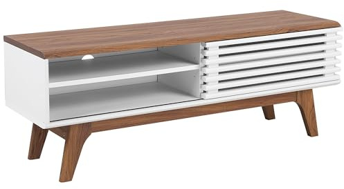 Meuble TV Bois Foncé et Blanc en MDF avec Porte Coulissante 1 Etagère Rétro Toledo II