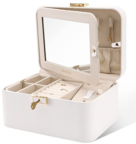 KAMIER Boîte à bijoux de voyage,2 couches en cuir PU,organiseur de bijoux portable,grande capacité,double verrouillage et grand miroir,crochets cachés,séparateurs amovibles,emballage cadeau,