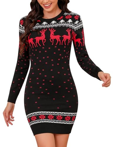 Totatuit Robe tricotée de Noël pour femme Robe pull élégante Col rond Manches longues Coupe ajustée Pull long Noir，S