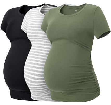 LAPASA Dam 3-pack sommartoppar, graviditetskläder, graviditetstoppar, kortärmade graviditetstoppar T-shirt L55, Svart, Grårandig, Olivgrön, XL