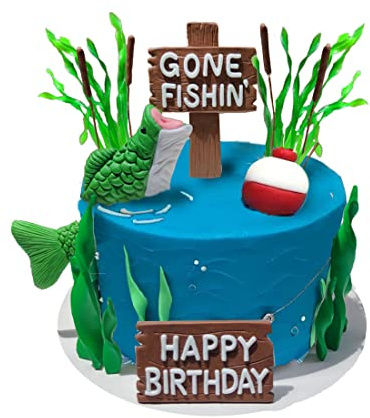 Fishing Cake Topper Gone fishing Cake with Bass Reed Happy Birthday Sign