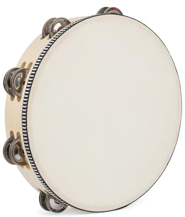 LIEKE Tamburin 10 Tambourine Ziegenfell Handtrommel mit 8 Paar Doppel Metall Schellen Jingles für Musik Klassenzimmer Tanzparty Kirche Spiel Requisiten